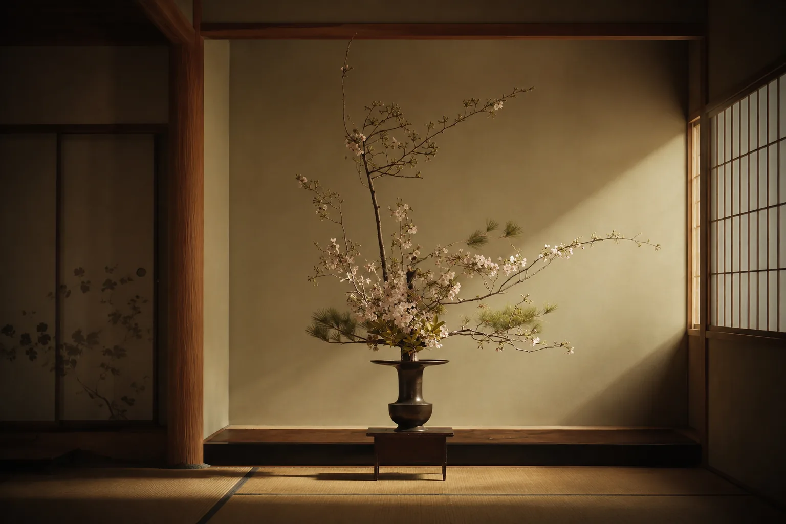 A branch of blossoms arranged in a quiet tatami room